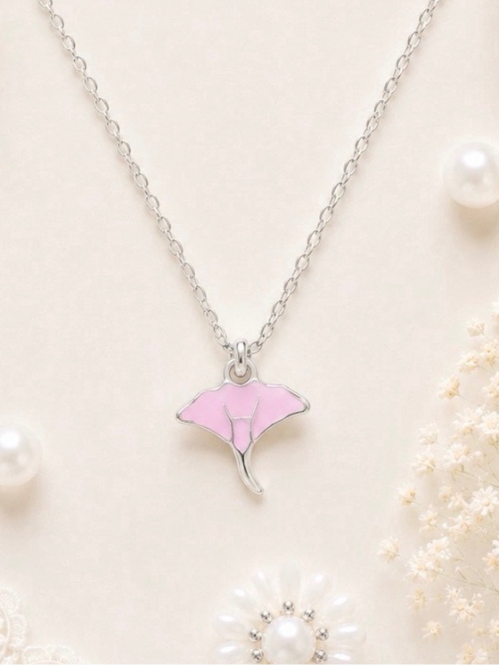Silver Tone Pink Manta Ray Pendant Necklace-NWOT